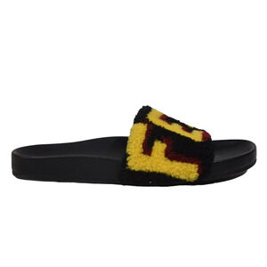 Fendi Mens Shearling Fur Logo Yellow Red Black Flat Slide Sandal Flip Flop 7